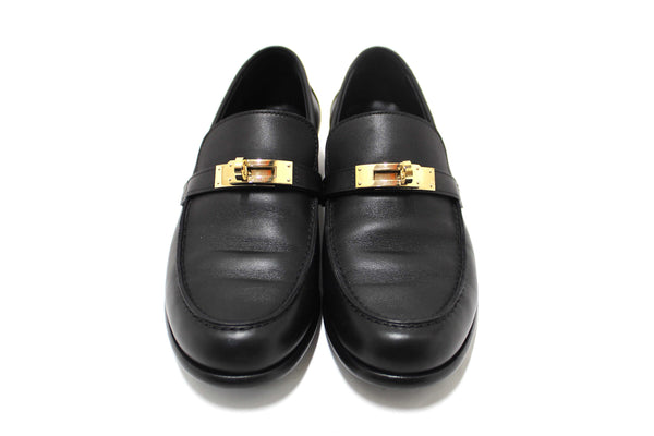Hermes Black Calfskin Leather Destin Loafer Shoes Size 36.5