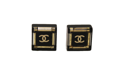 Chanel Black and Gold CC Resin Square Timeless Classic Earrings | Italystation.com - Shop Now at italystation.com