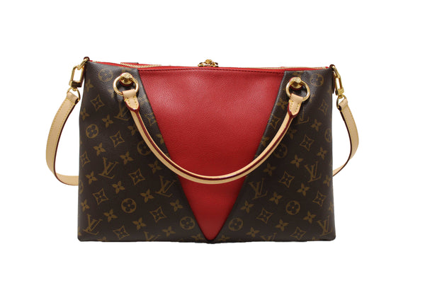 Louis Vuitton Classic Monogram Canvas with Red Leather V Tote MM Bag
