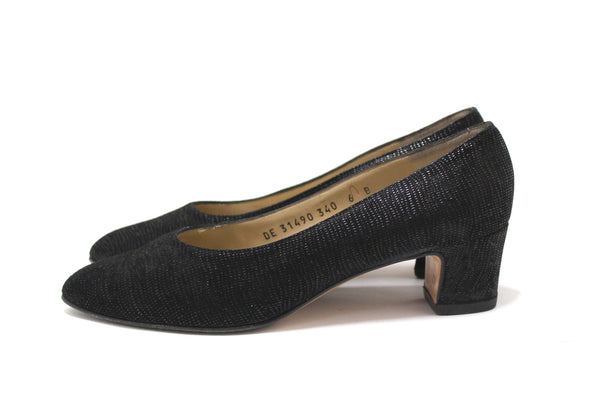 Salvatore Ferragamo Black Embossed Suede Leather Kitten Heel Size 6 B