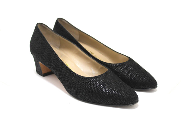 Salvatore Ferragamo Black Embossed Suede Leather Kitten Heel Size 6 B