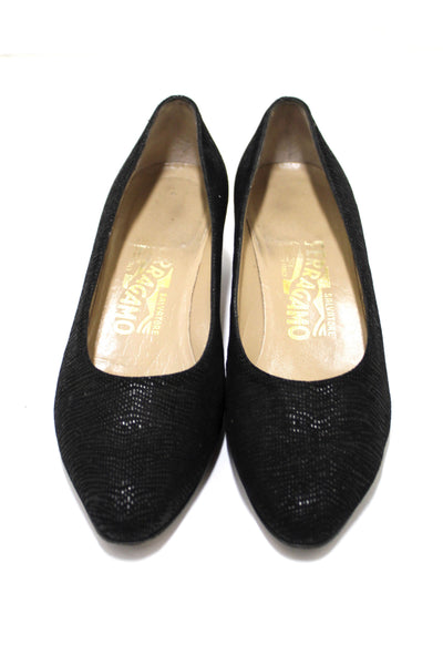Salvatore Ferragamo Black Embossed Suede Leather Kitten Heel Size 6 B