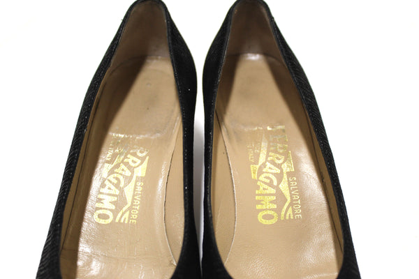 Salvatore Ferragamo Black Embossed Suede Leather Kitten Heel Size 6 B