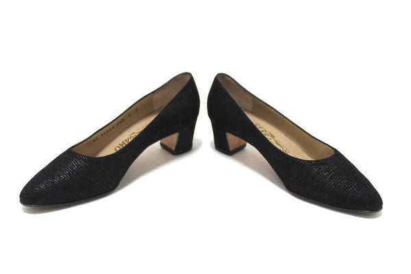 Salvatore Ferragamo Black Embossed Suede Leather Kitten Heel Size 6 B