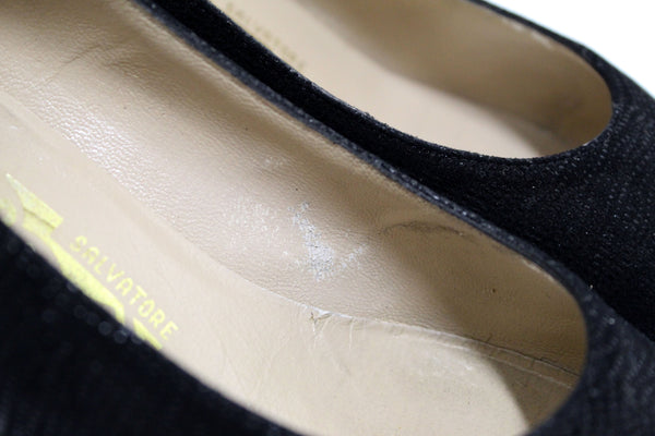 Salvatore Ferragamo Black Embossed Suede Leather Kitten Heel Size 6 B