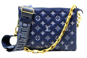 Aithentic Louis Vuitton Denim Blue Lambskin Embossed Monogram Coussin PM Bag