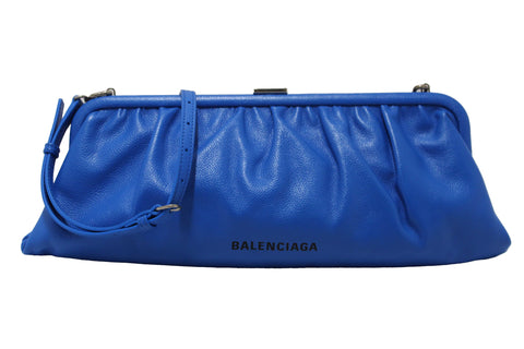 NEW Balenciaga Blue Grained Calfskin Leather XL Cloud Clutch with Strap