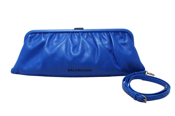 NEW Balenciaga Blue Grained Calfskin Leather XL Cloud Clutch with Strap