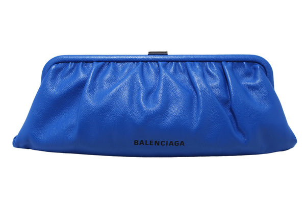 NEW Balenciaga Blue Grained Calfskin Leather XL Cloud Clutch with Strap
