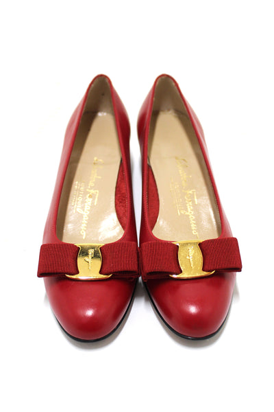 Salvatore Ferragamo Calfskin Red Leather Kitten Heel with Bow Size 6B