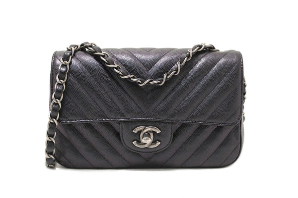 Chanel Black Iridescent Caviar Chevron Quilted Mini Rectangular Flap Bag