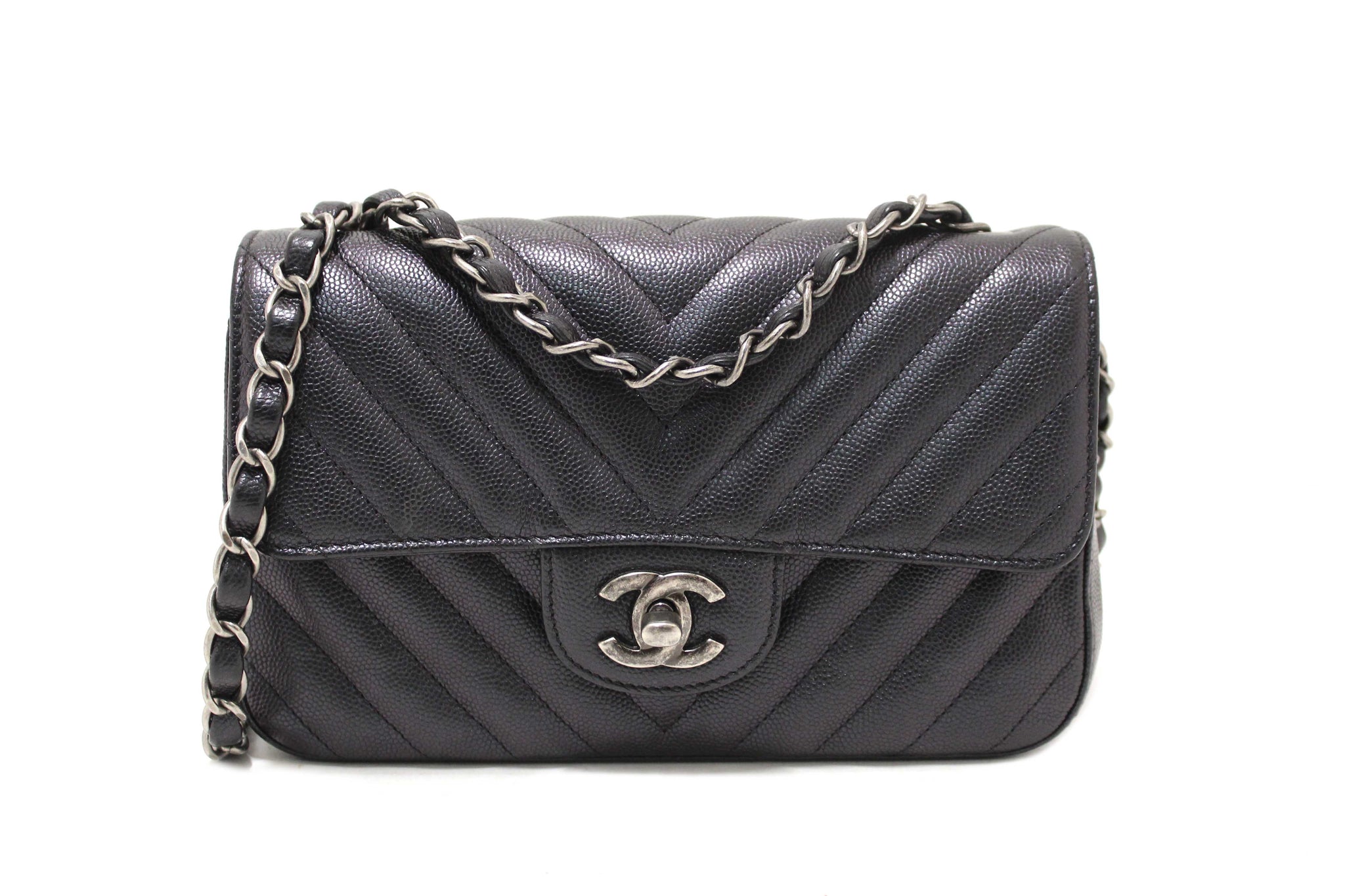 Chanel Black Iridescent Caviar Chevron Quilted Mini Rectangular Flap Bag