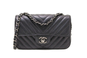 Chanel Black Iridescent Caviar Chevron Quilted Mini Rectangular Flap Bag