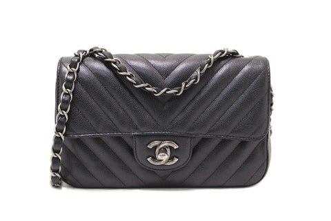 Chanel Black Iridescent Caviar Chevron Quilted Mini Rectangular Flap Bag