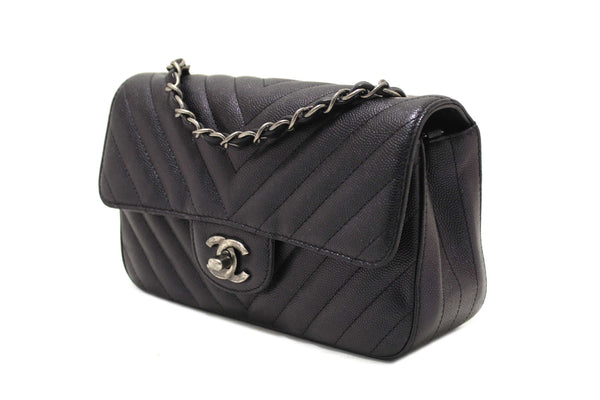 Chanel Black Iridescent Caviar Chevron Quilted Mini Rectangular Flap Bag