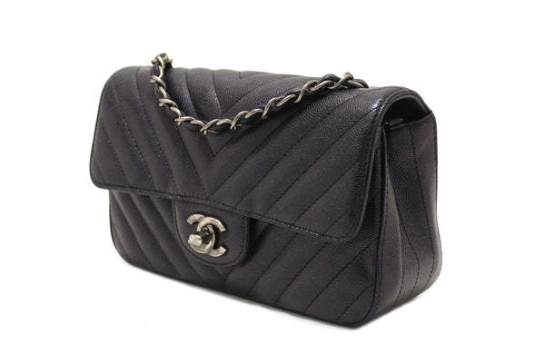 Chanel Black Iridescent Caviar Chevron Quilted Mini Rectangular Flap Bag