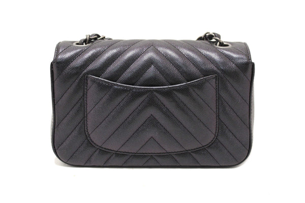 Chanel Black Iridescent Caviar Chevron Quilted Mini Rectangular Flap Bag