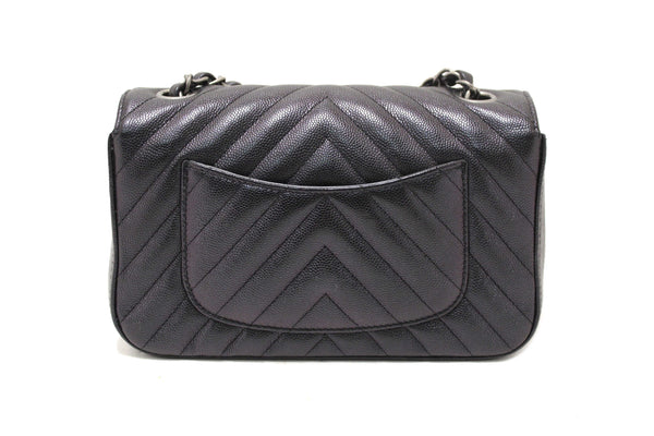 Chanel Black Iridescent Caviar Chevron Quilted Mini Rectangular Flap Bag