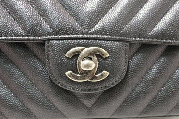 Chanel Black Iridescent Caviar Chevron Quilted Mini Rectangular Flap Bag