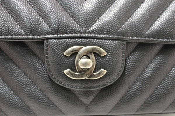 Chanel Black Iridescent Caviar Chevron Quilted Mini Rectangular Flap Bag