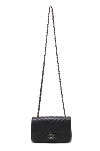 Chanel Black Iridescent Caviar Chevron Quilted Mini Rectangular Flap Bag