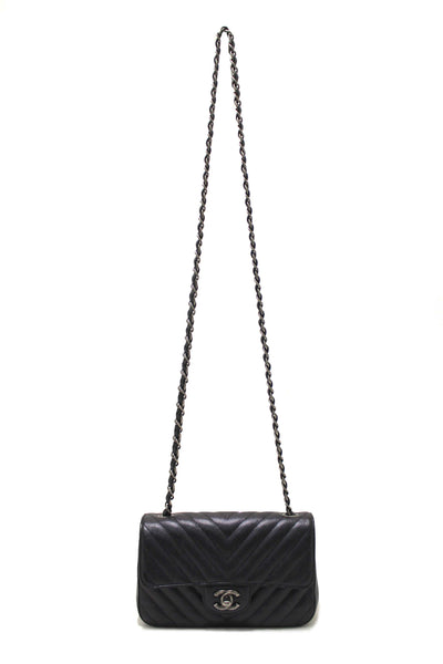 Chanel Black Iridescent Caviar Chevron Quilted Mini Rectangular Flap Bag