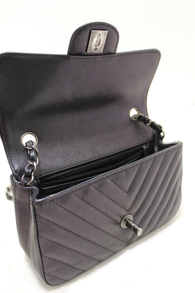 Chanel Black Iridescent Caviar Chevron Quilted Mini Rectangular Flap Bag