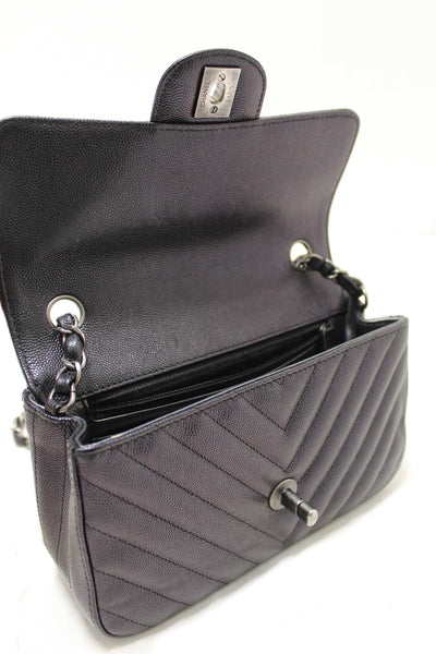 Chanel Black Iridescent Caviar Chevron Quilted Mini Rectangular Flap Bag