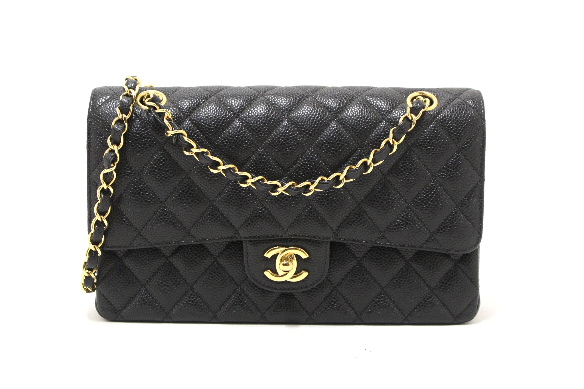 Chanel Classic Black Quilted Caviar Leather Classic Medium Double Flap Bag