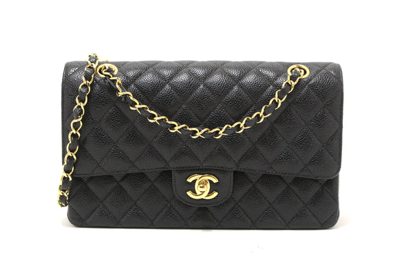 Chanel Classic Black Quilted Caviar Leather Classic Medium Double Flap Bag