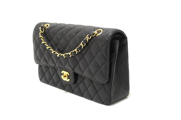 Chanel Classic Black Quilted Caviar Leather Classic Medium Double Flap Bag