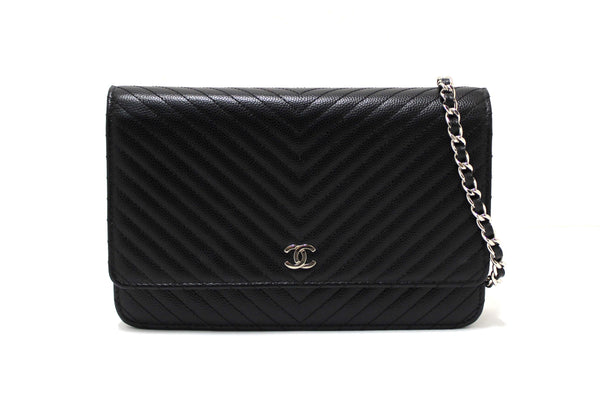 Chanel Black Chevron Caviar Leather Wallet On Chain WOC Crossbody Bag