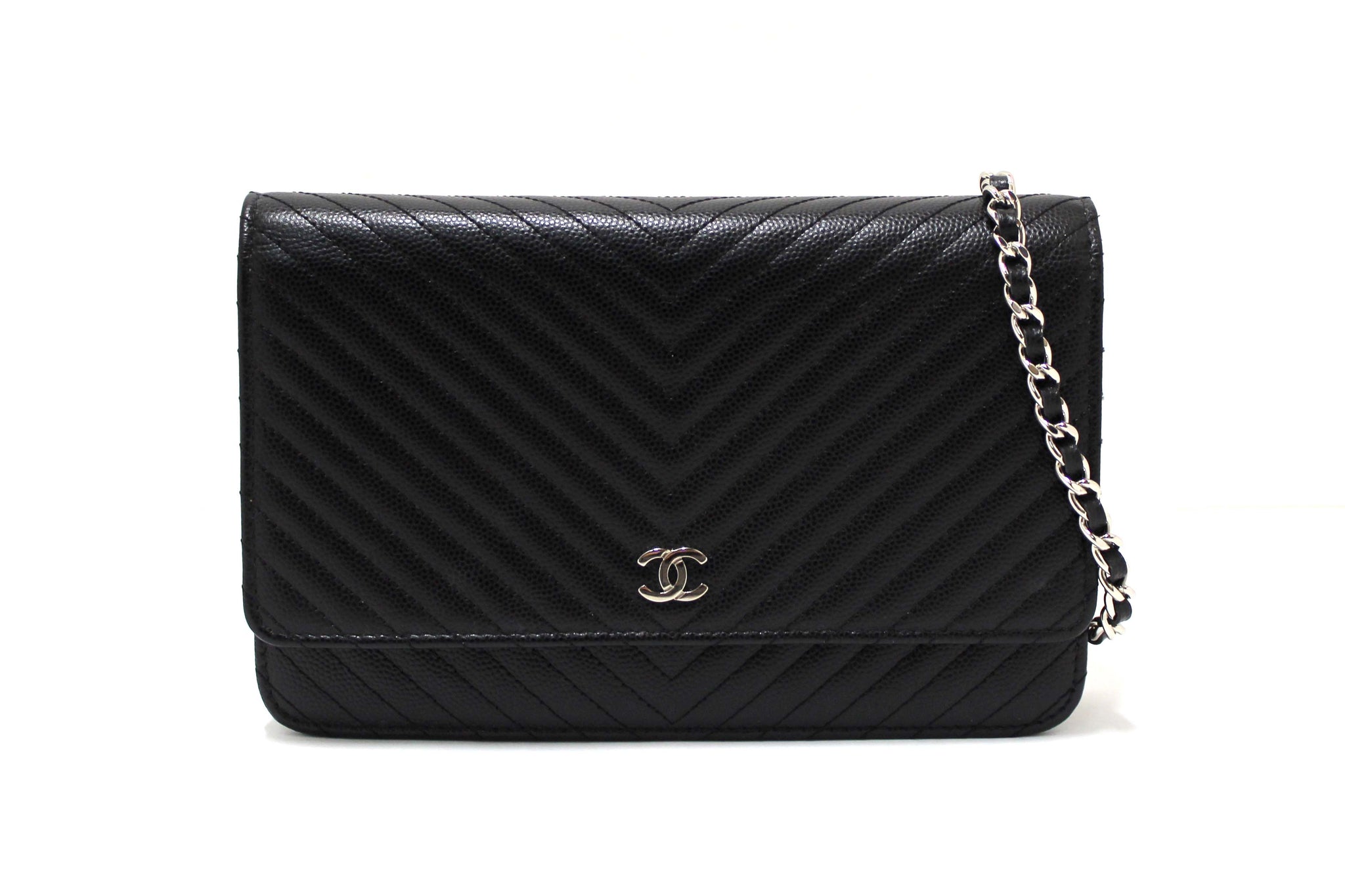 Chanel Black Chevron Caviar Leather Wallet On Chain WOC Crossbody Bag
