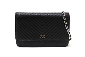 Chanel Black Chevron Caviar Leather Wallet On Chain WOC Crossbody Bag