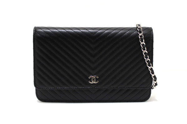Chanel Black Chevron Caviar Leather Wallet On Chain WOC Crossbody Bag