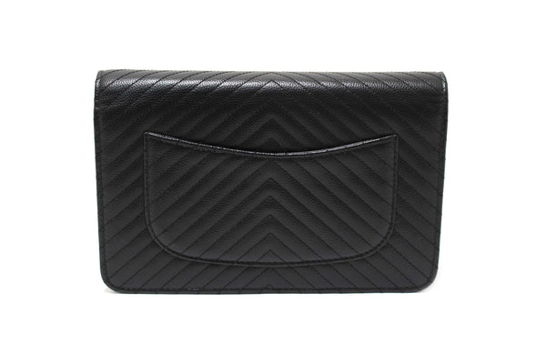Chanel Black Chevron Caviar Leather Wallet On Chain WOC Crossbody Bag