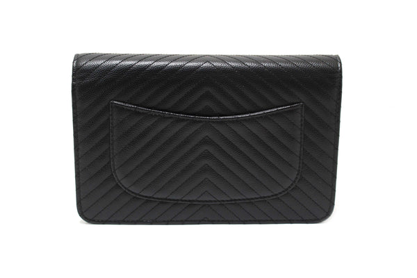 Chanel Black Chevron Caviar Leather Wallet On Chain WOC Crossbody Bag
