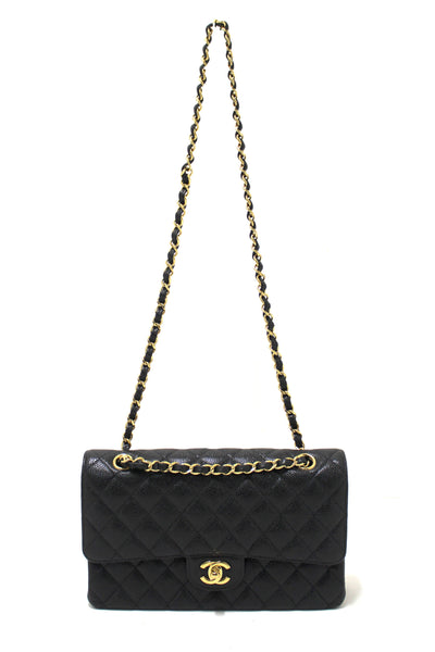 Chanel Classic Black Quilted Caviar Leather Classic Medium Double Flap Bag