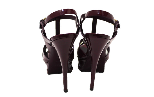 YSL Saint Laurent Burgundy Patent Leather Tribute Platform Sandal Shoes Size 35