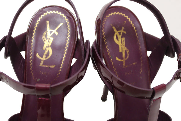 YSL Saint Laurent Burgundy Patent Leather Tribute Platform Sandal Shoes Size 35