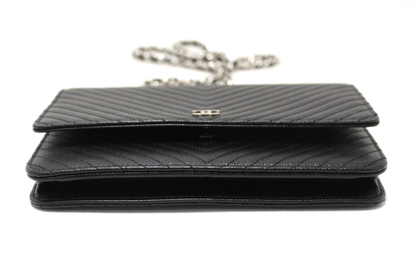 Chanel Black Chevron Caviar Leather Wallet On Chain WOC Crossbody Bag