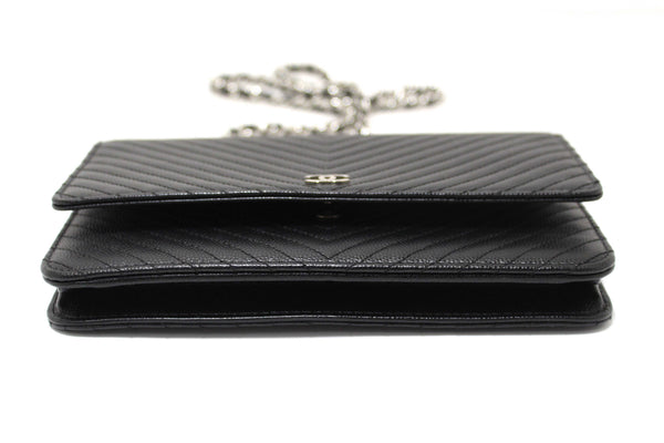 Chanel Black Chevron Caviar Leather Wallet On Chain WOC Crossbody Bag