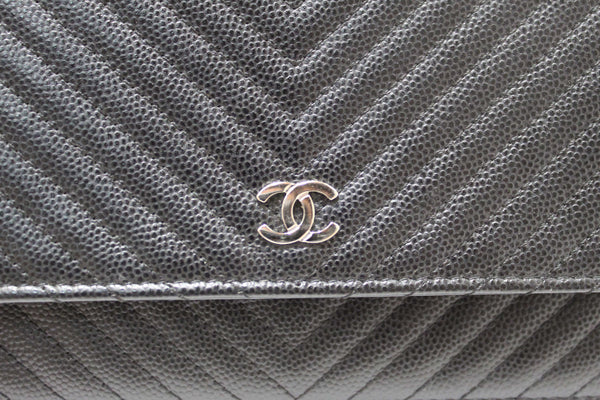 Chanel Black Chevron Caviar Leather Wallet On Chain WOC Crossbody Bag
