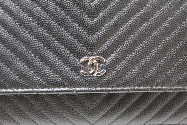 Chanel Black Chevron Caviar Leather Wallet On Chain WOC Crossbody Bag