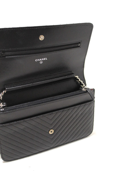 Chanel Black Chevron Caviar Leather Wallet On Chain WOC Crossbody Bag