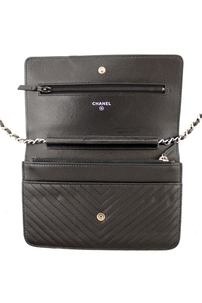Chanel Black Chevron Caviar Leather Wallet On Chain WOC Crossbody Bag