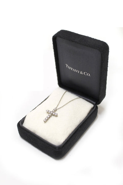 Tiffany&Co Platinum With Round Diamonds Medium Cross Pendant Necklace