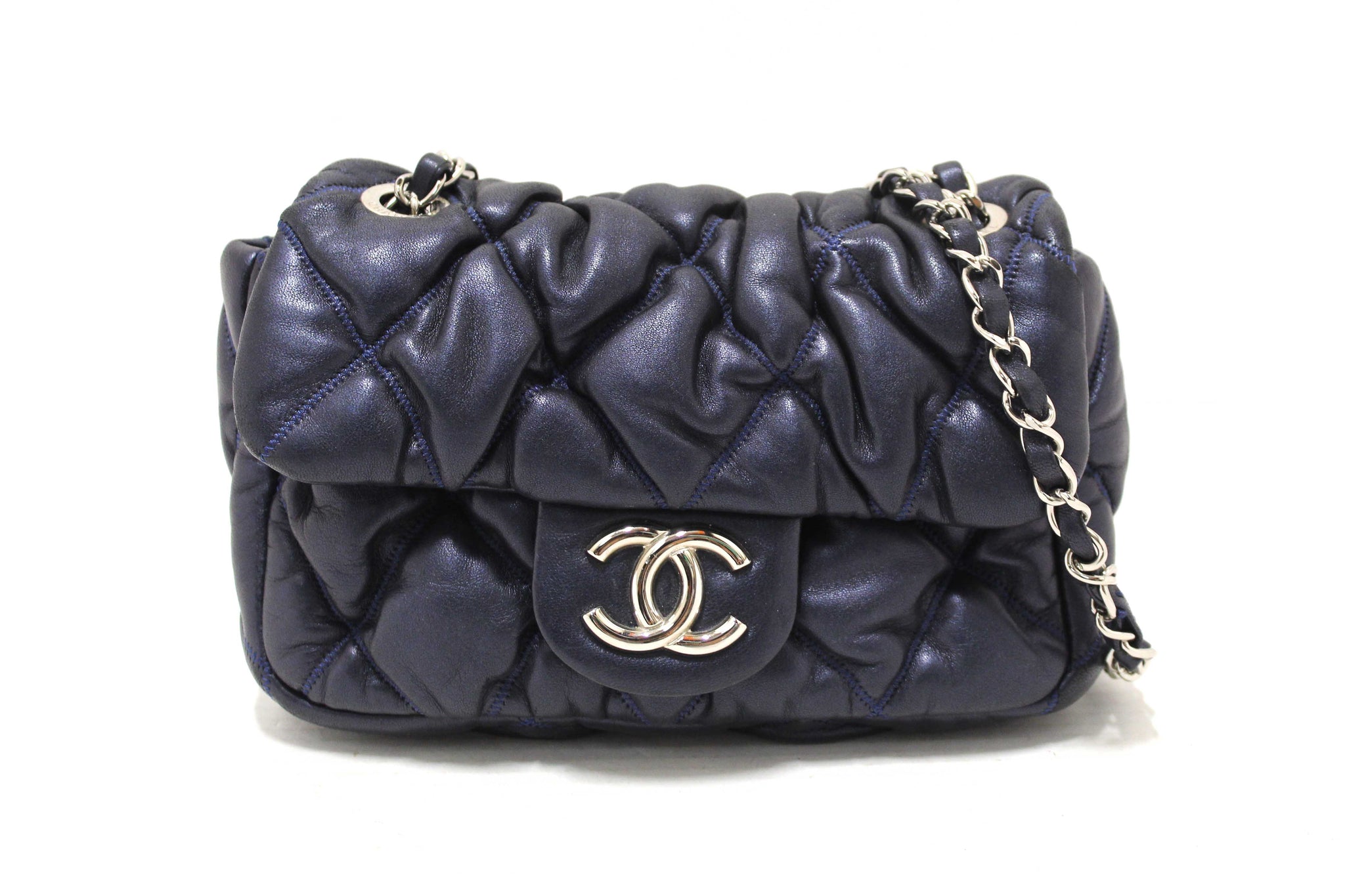 Chanel Navy Blue Iridescent Lambskin Small Quilt Bubble Flap Crossbody Bag
