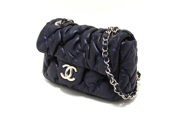 Chanel Navy Blue Iridescent Lambskin Small Quilt Bubble Flap Crossbody Bag