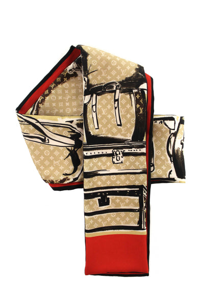 Louis Vuitton Silk Monogram Trunks Red Twilly Bandeau Scarf